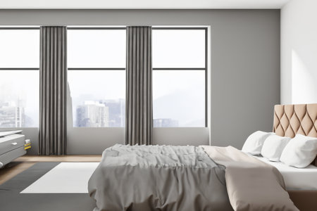 this contemporary bedroom interior is a harmonious blend of form and function, creating a tranquil sanctuary that reflects modern sensibilities while prioritizing comfort and style.の素材