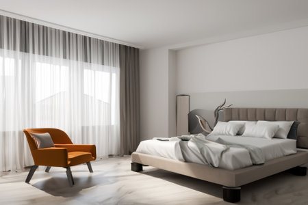 this contemporary bedroom interior is a harmonious blend of form and function, creating a tranquil sanctuary that reflects modern sensibilities while prioritizing comfort and style.の素材