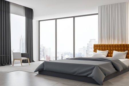 this contemporary bedroom interior is a harmonious blend of form and function, creating a tranquil sanctuary that reflects modern sensibilities while prioritizing comfort and style.の素材
