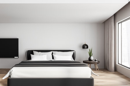 this contemporary bedroom interior is a harmonious blend of form and function, creating a tranquil sanctuary that reflects modern sensibilities while prioritizing comfort and style.の素材