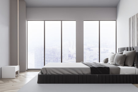 this contemporary bedroom interior is a harmonious blend of form and function, creating a tranquil sanctuary that reflects modern sensibilities while prioritizing comfort and style.の素材