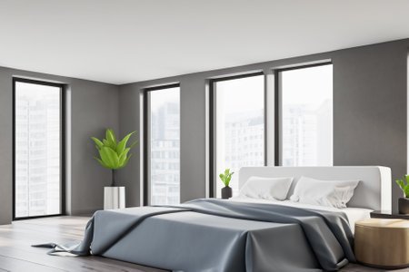 this contemporary bedroom interior is a harmonious blend of form and function, creating a tranquil sanctuary that reflects modern sensibilities while prioritizing comfort and style.の素材