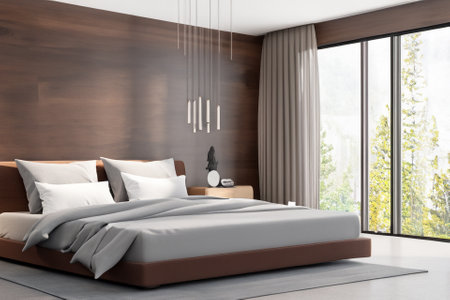 this contemporary bedroom interior is a harmonious blend of form and function, creating a tranquil sanctuary that reflects modern sensibilities while prioritizing comfort and style.の素材