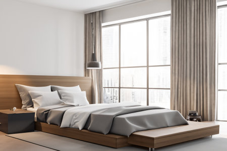 this contemporary bedroom interior is a harmonious blend of form and function, creating a tranquil sanctuary that reflects modern sensibilities while prioritizing comfort and style.の素材