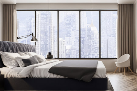 this contemporary bedroom interior is a harmonious blend of form and function, creating a tranquil sanctuary that reflects modern sensibilities while prioritizing comfort and style.の素材