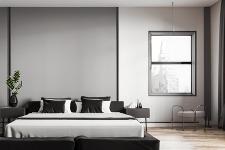 this contemporary bedroom interior is a harmonious blend of form and function, creating a tranquil sanctuary that reflects modern sensibilities while prioritizing comfort and style.の素材