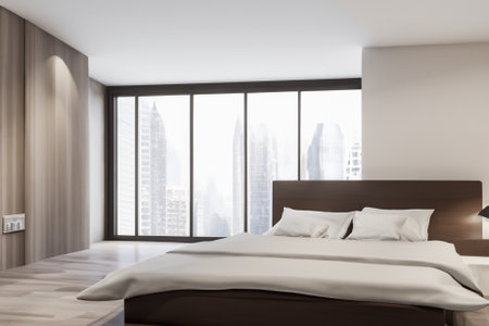 this contemporary bedroom interior is a harmonious blend of form and function, creating a tranquil sanctuary that reflects modern sensibilities while prioritizing comfort and style.の素材