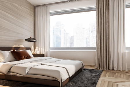 this contemporary bedroom interior is a harmonious blend of form and function, creating a tranquil sanctuary that reflects modern sensibilities while prioritizing comfort and style.の素材