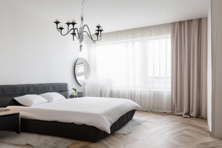 this contemporary bedroom interior is a harmonious blend of form and function, creating a tranquil sanctuary that reflects modern sensibilities while prioritizing comfort and style.の素材