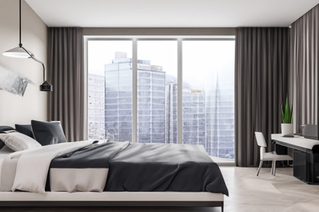 this contemporary bedroom interior is a harmonious blend of form and function, creating a tranquil sanctuary that reflects modern sensibilities while prioritizing comfort and style.の素材