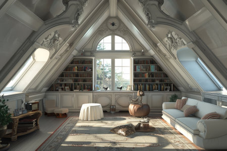 Transform your attic into a sophisticated and inviting retreat with a classical interior design. This style brings an air of timeless elegance to your home, utilizing the unique architecture and charm of attic spacesの素材