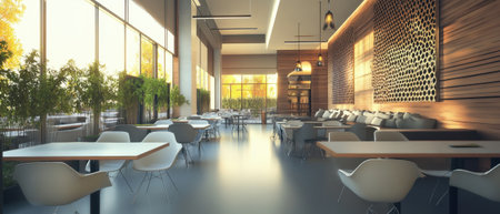 Empty restaurant with large windows, wooden walls, and white chairs.の素材