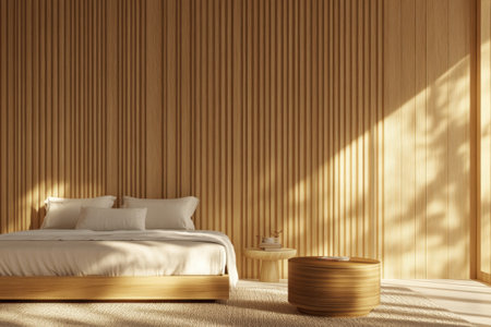 Minimalist bedroom with wooden wall and large window.の素材