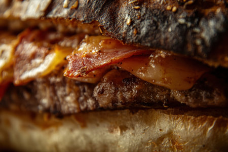 Close-up of a juicy burger with bacon, cheese, and onions.の素材