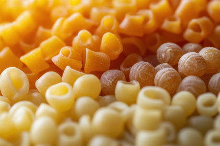Close-up of various pasta shapes in yellow and orange hues.の素材