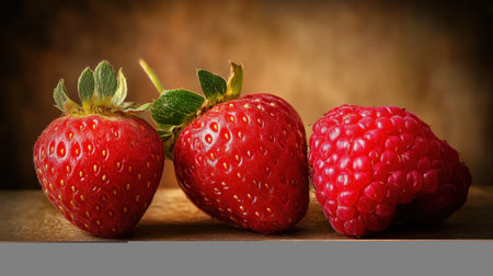 Two strawberries and a raspberry on a wooden surface.の素材