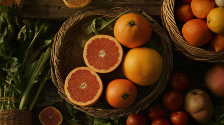 A basket of oranges and grapefruits on a wooden table with other fruits and vegetables.の素材