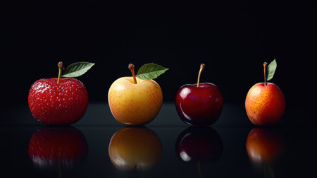 Four plums, red, yellow, and dark red, with leaves, are arranged in a row on a dark reflective surface.の素材