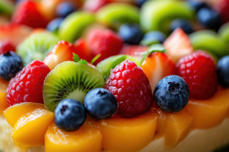 Close-up of a fruit tart with raspberries, blueberries, kiwi, strawberries, and peach slices.の素材