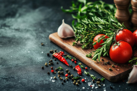 Fresh tomatoes, garlic, rosemary, and spices on a wooden cutting board.の素材