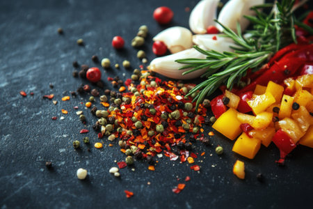 Fresh herbs and spices on a black surface.の素材