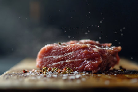 Raw beef steak with salt and pepper on wooden board.の素材