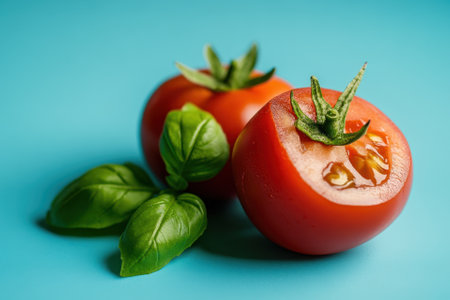 Two ripe red tomatoes with green basil leaves on a blue background.の素材