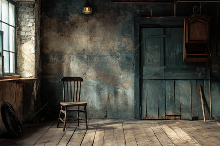 Rustic interior with wooden chair and exposed brick wall.の素材