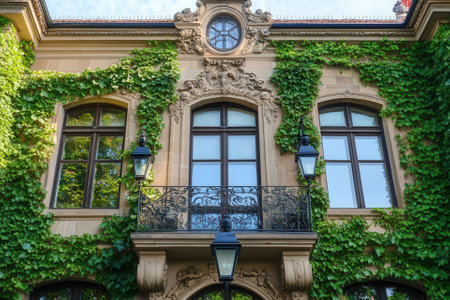 A  beige building with three windows, a balcony, and ivy growing up the walls.の素材