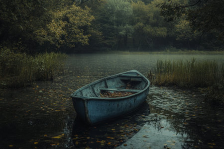 A blue rowboat sits on a still lake in a misty forest.の素材
