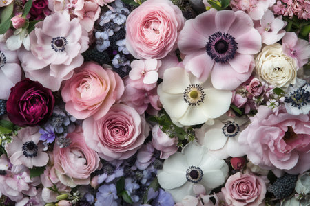 A close up image of a beautiful floral arrangement with a variety of pink, white, and purple flowers.の素材