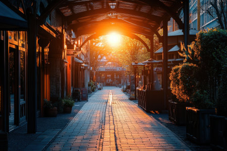 A cobblestone walkway leads to a glowing sunset through a covered walkway.の素材