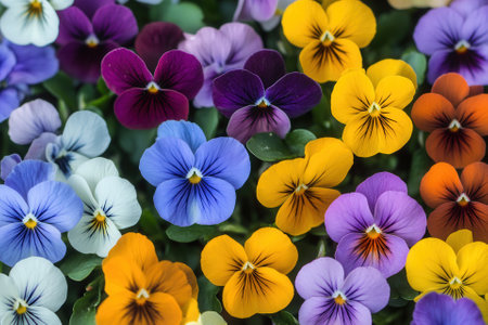 A close-up view of a vibrant collection of colorful pansies.の素材