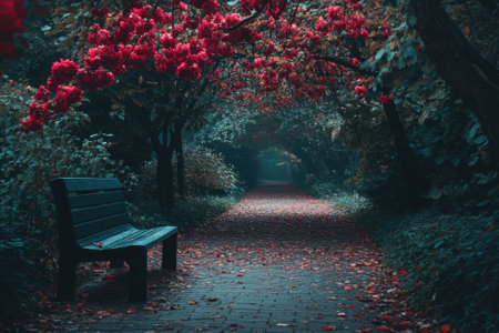 A lone bench sits under blooming pink trees in a misty garden path.の素材