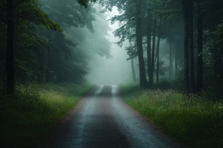 A misty forest road with tall trees on each side leading into the fog.の素材