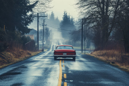 A red classic car drives down a foggy, rural road.の素材