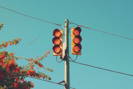 A red traffic light with a blue sky and foliage in the background.の素材