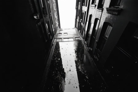 A narrow alleyway in a city, with a puddle reflecting the sky above.の素材