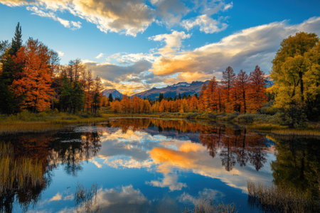 A serene lake reflecting the vibrant autumn colors of the trees and the sky.の素材