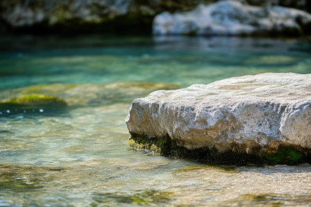 A single, large, flat rock protrudes from the surface of clear, shallow, blue-green water. The rock is gray and is covered in moss and algae. The water is still and reflects the sunlight.の素材