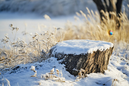 A snow-covered tree stump in a winter landscape.の素材