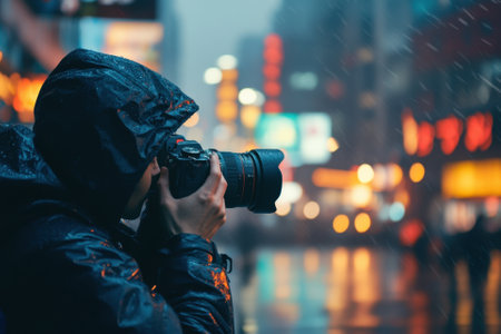 A photographer in a raincoat taking pictures in a rainy city at night.の素材