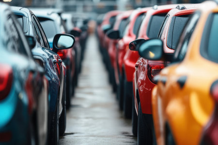A row of parked cars in a lot, viewed from the back.の素材