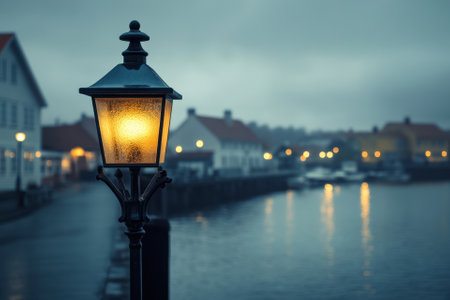 A single street lamp illuminates a foggy harbor town at dusk.の素材