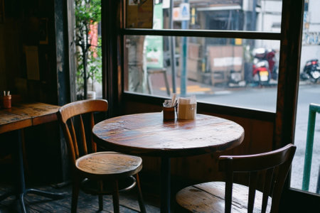 A rustic wooden table with two chairs sits near a window in a cozy cafe.の素材