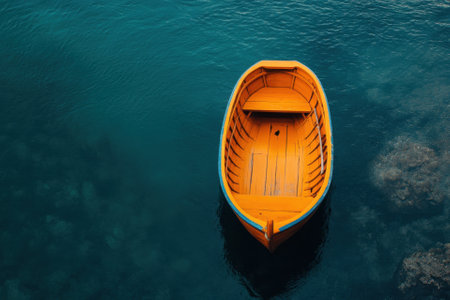A small, wooden boat floats in calm blue water.の素材