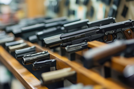 A row of handguns on display in a gun store.の素材