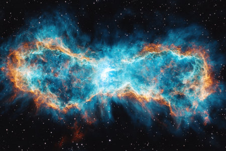 A stunning nebula, a cosmic cloud of gas and dust, glows in vibrant blues and oranges against a backdrop of twinkling stars.の素材