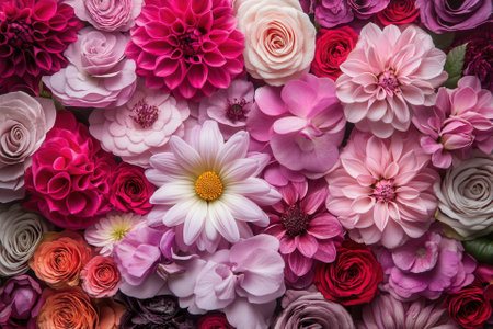 A vibrant floral arrangement with various pink, red, and white flowers.の素材