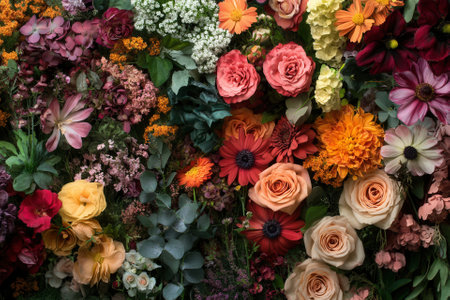 A vibrant and colorful floral wall with a variety of flowers, including roses, daisies, and carnations, in a mix of pink, orange, red, and yellow hues.の素材